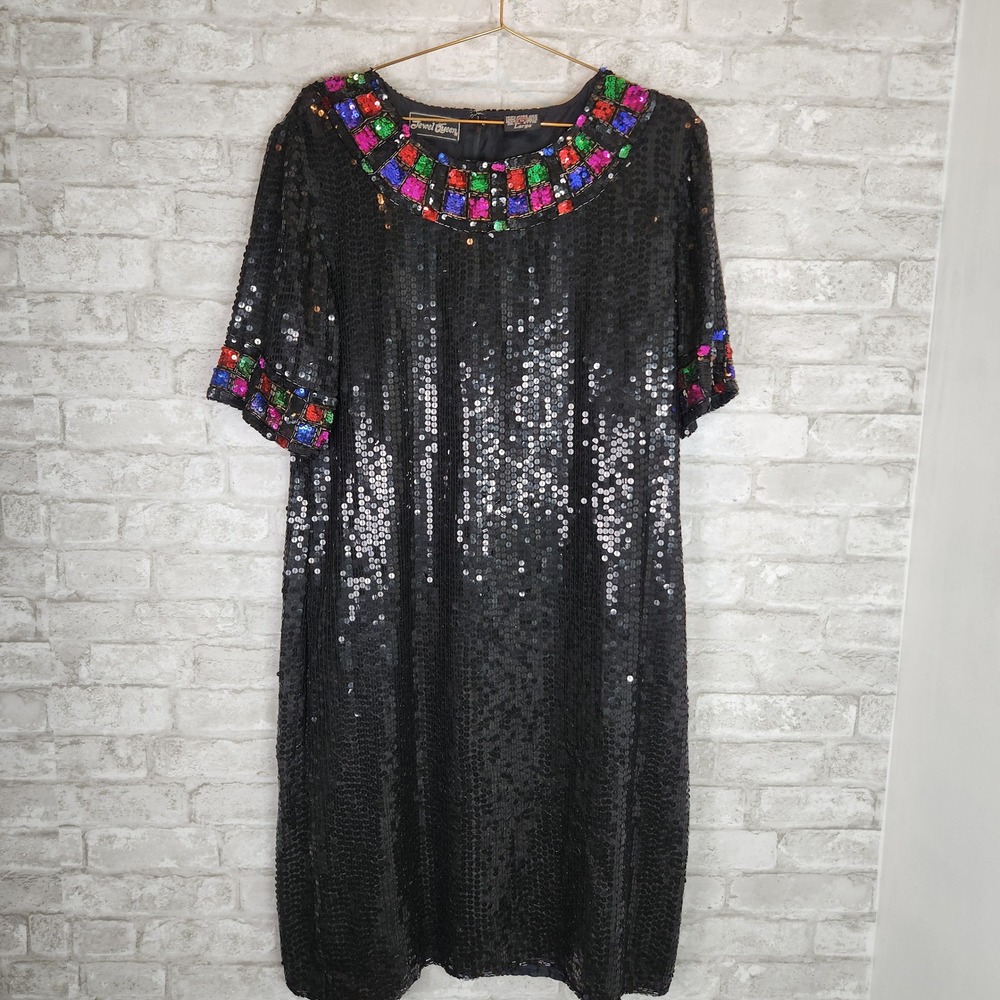 Vintage Jewel Queen Dress Sequin Beaded Silk Shift Black Multicolor Large